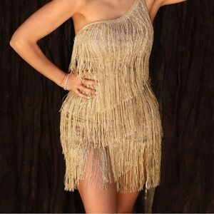 Bella Barnett gold fringe one shoulder dress